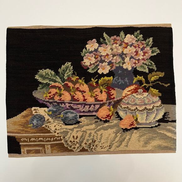 Vintage Needlepoint Canvas of Flowers and Fruit on Table - 1965 - Picture 5 of 5